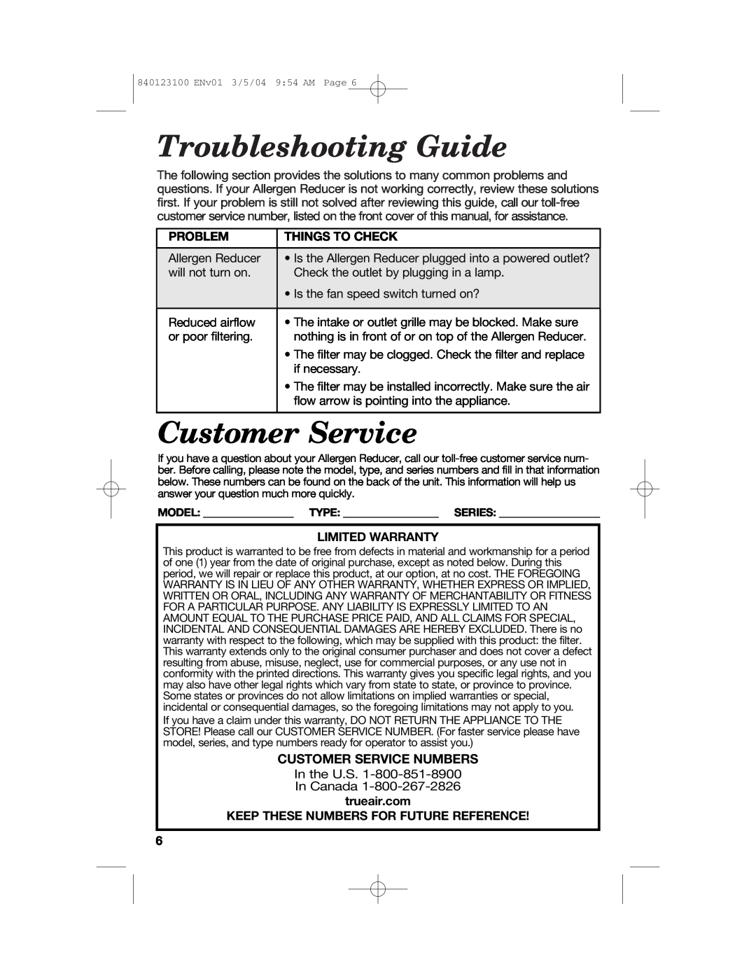 Hamilton Beach 840123100 Troubleshooting Guide, Customer Service Numbers, Problem, Things To Check, Limited Warranty 