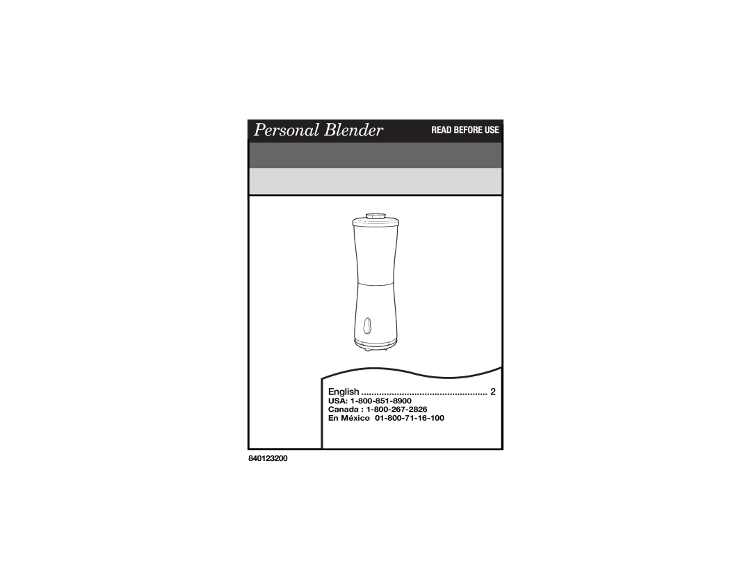 Hamilton Beach 840123200 manual Personal Blender 