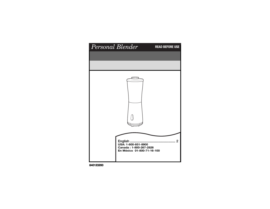 Hamilton Beach 840123200 manual Personal Blender, Read Before Use, English, USA Canada En México 