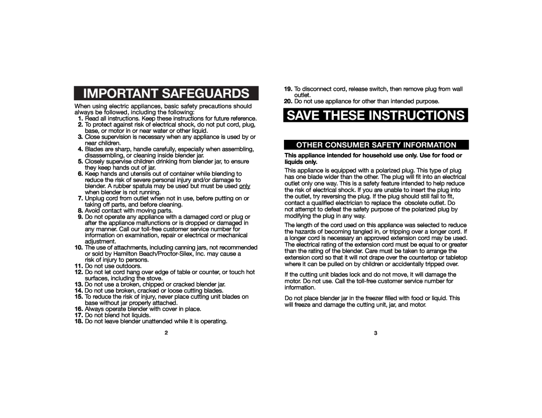Hamilton Beach 840123200 manual Important Safeguards, Save These Instructions, Other Consumer Safety Information 