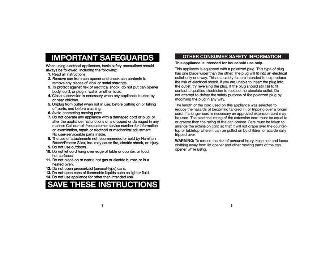 Hamilton Beach 840123500 manual Important Safeguards, Save These Instructions, Other Consumer Safety Information 