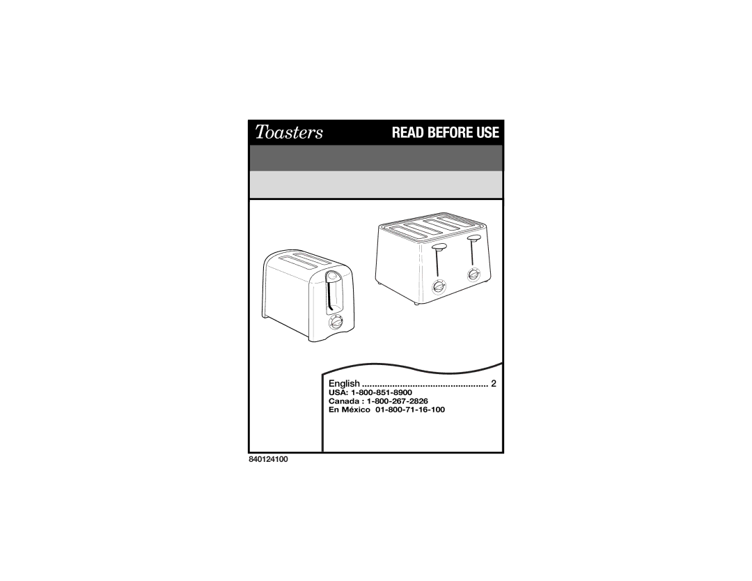 Hamilton Beach 840124100 manual Toasters 