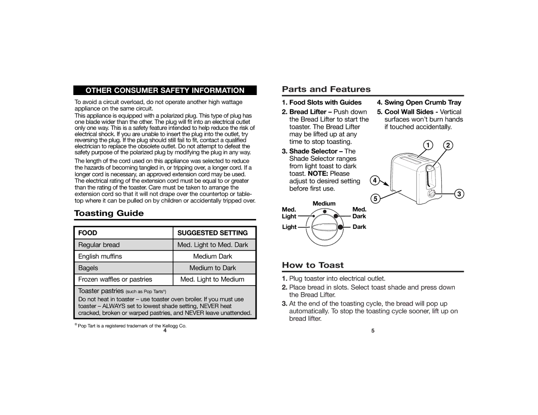 Hamilton Beach 840124100 manual Parts and Features, Toasting Guide, How to Toast 