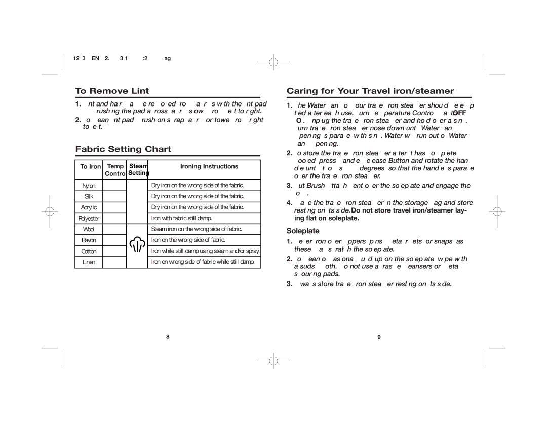 Hamilton Beach 840124300 manual To Remove Lint, Fabric Setting Chart, Caring for Your Travel iron/steamer, To Iron Temp 