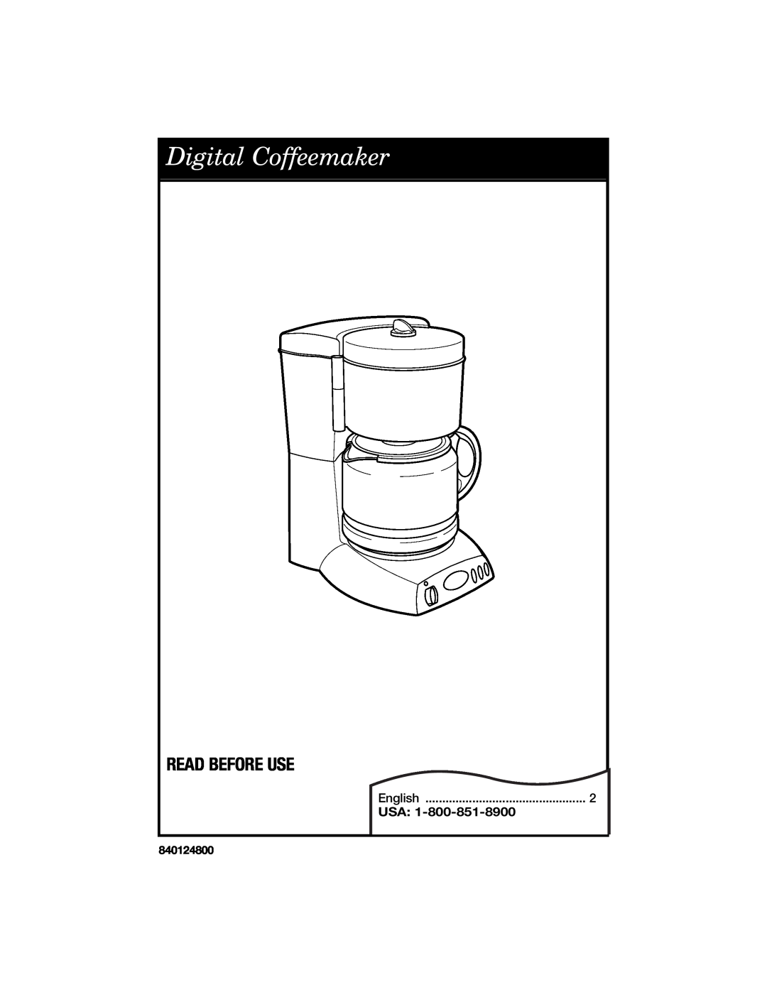 Hamilton Beach 840124800 manual Read Before Use, Digital Coffeemaker, English 