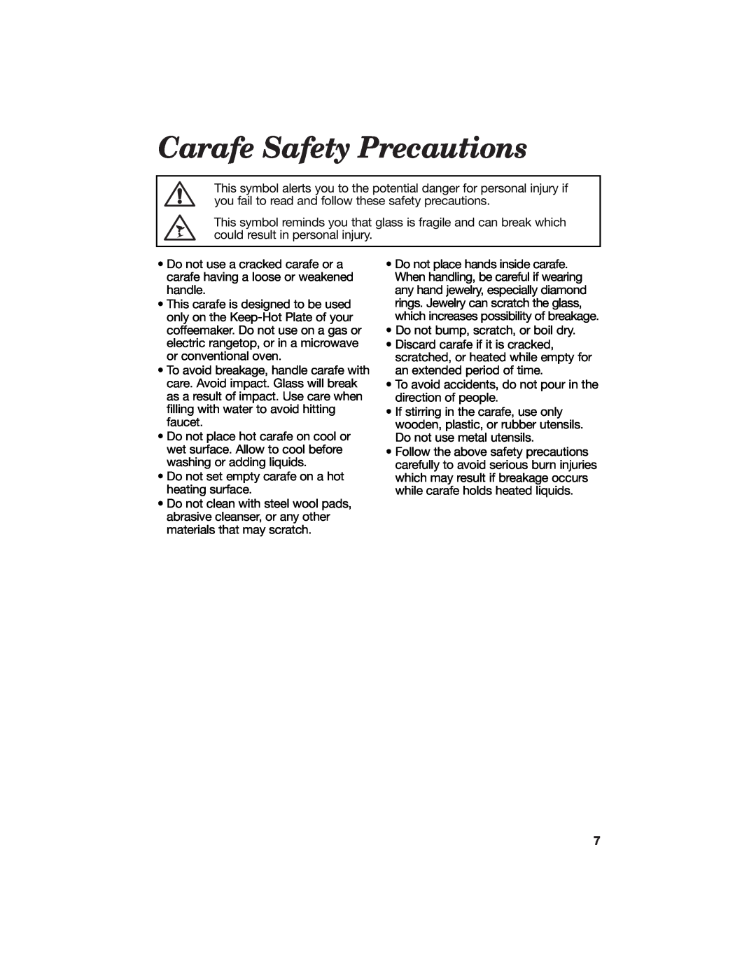 Hamilton Beach 840124800 manual Carafe Safety Precautions 