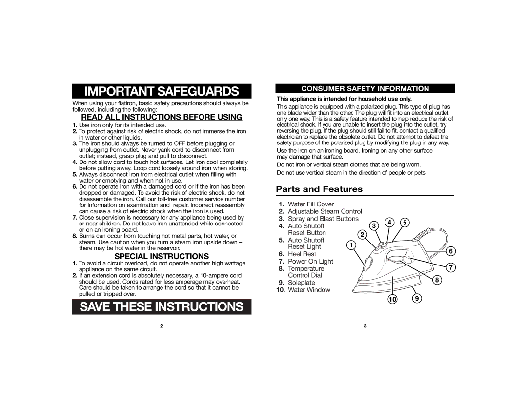 Hamilton Beach 840124900 manual Parts and Features, This appliance is intended for household use only 