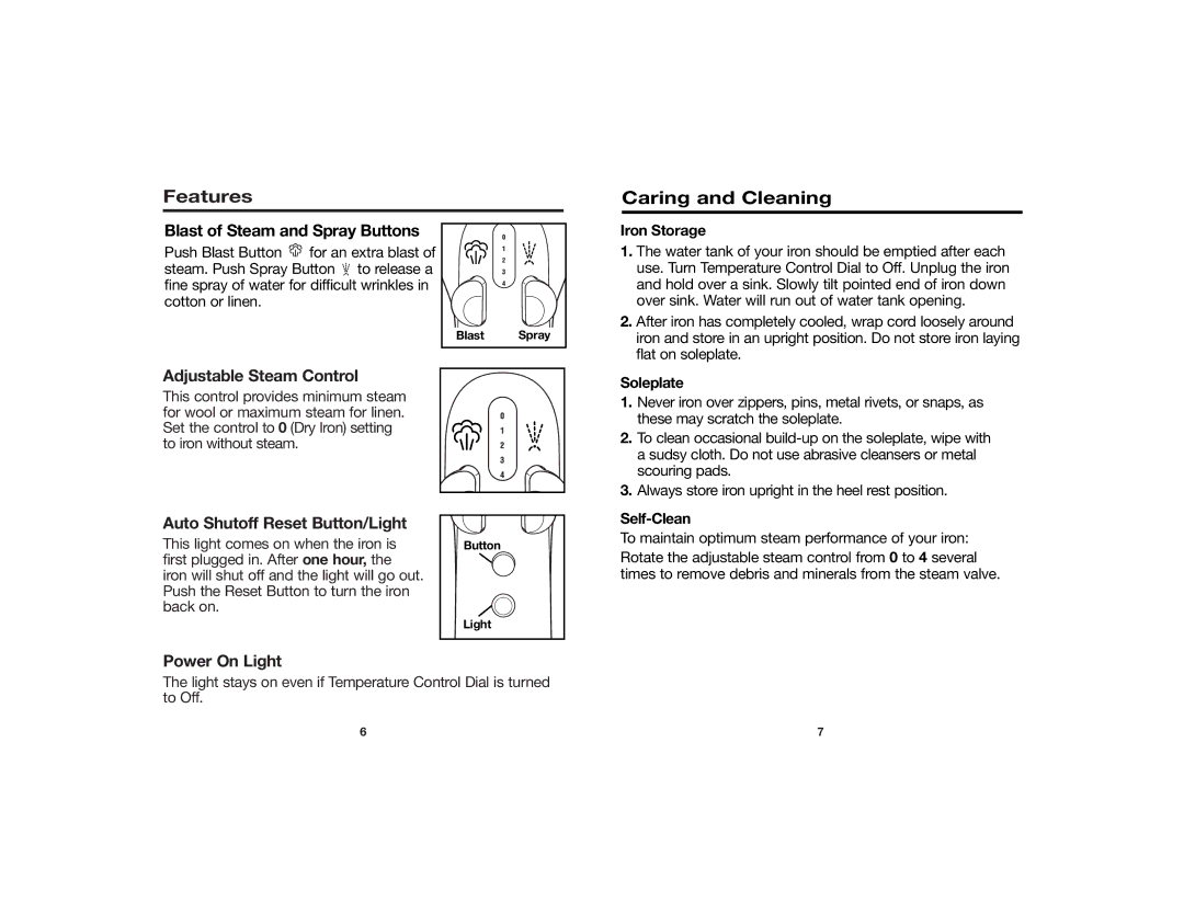 Hamilton Beach 840124900 manual Features, Caring and Cleaning, Iron Storage, Soleplate, Self-Clean 