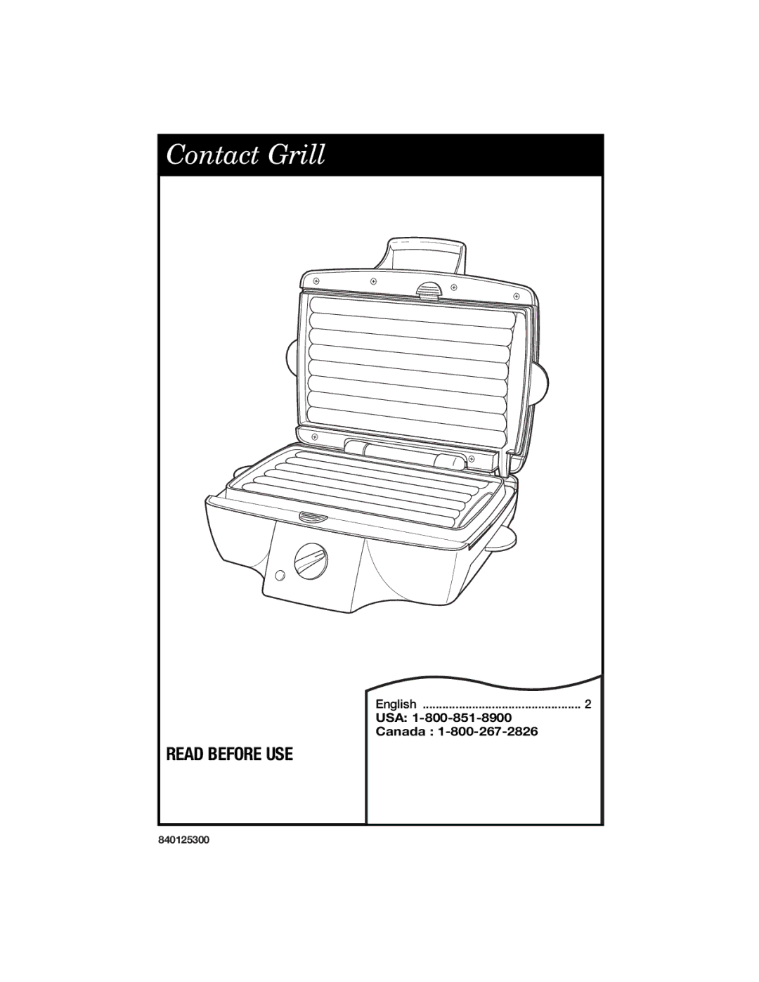 Hamilton Beach 840125300 manual Contact Grill, USA Canada 