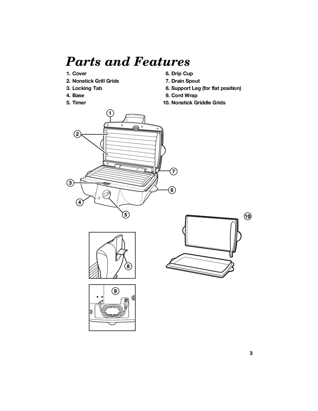 Hamilton Beach 840125300 manual Parts and Features, Cover Drip Cup Nonstick Grill Grids Drain Spout Locking Tab 