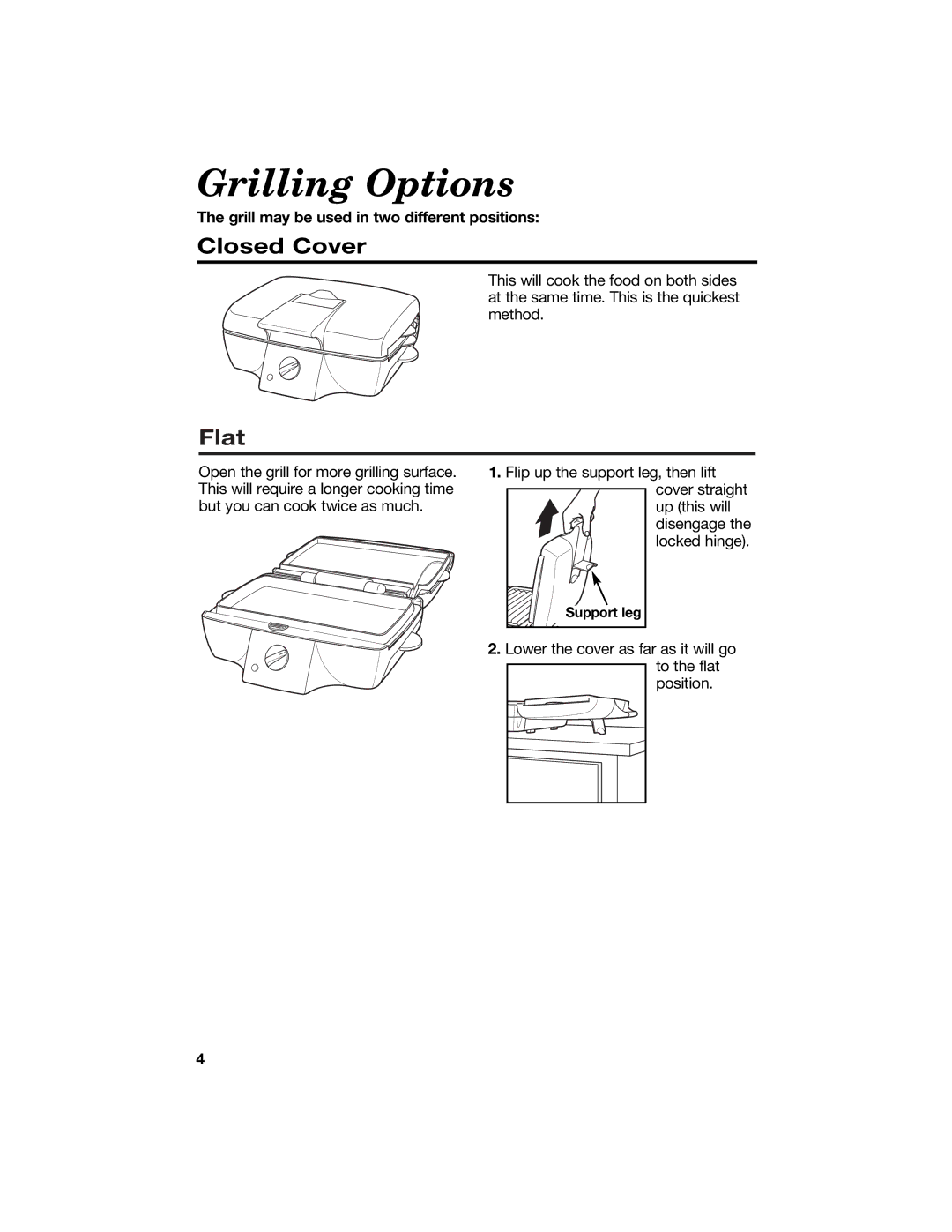 Hamilton Beach 840125300 manual Grilling Options, Closed Cover, Flat, Grill may be used in two different positions 