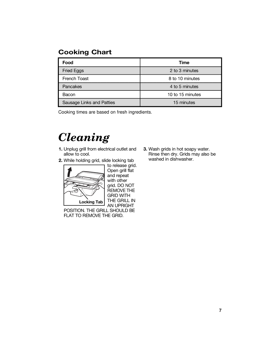 Hamilton Beach 840125300 manual Cleaning, Cooking Chart, Food Time 