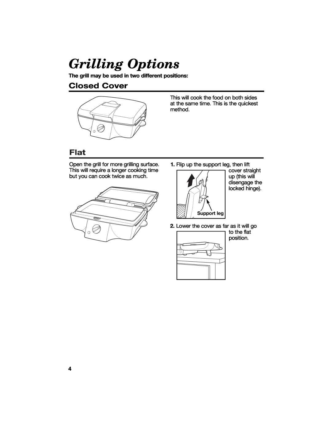 Hamilton Beach 840125300 manual Grilling Options, Closed Cover, Flat, The grill may be used in two different positions 