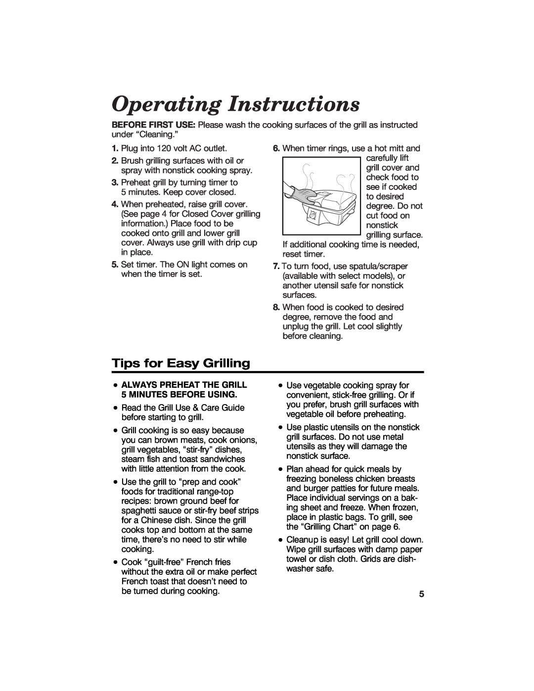 Hamilton Beach 840125300 Operating Instructions, Tips for Easy Grilling, ALWAYS PREHEAT THE GRILL 5 MINUTES BEFORE USING 