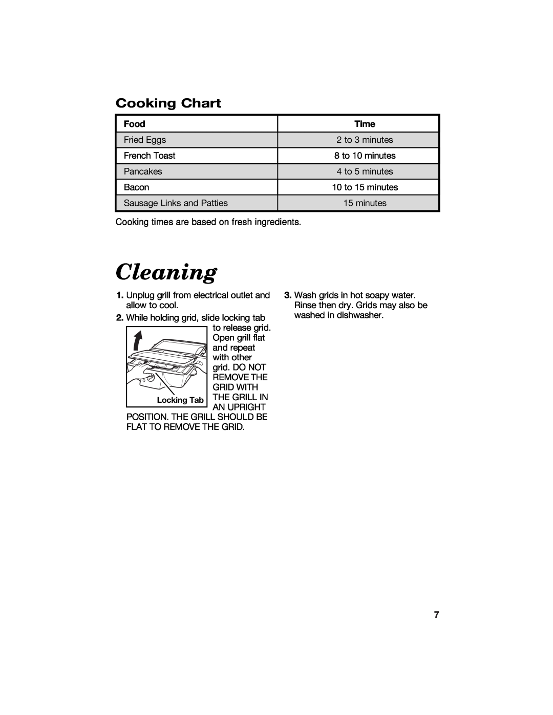 Hamilton Beach 840125300 manual Cleaning, Cooking Chart, Food, Time 