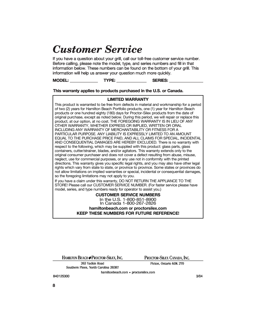 Hamilton Beach 840125300 manual Model Type Series, Limited Warranty, Customer Service Numbers 