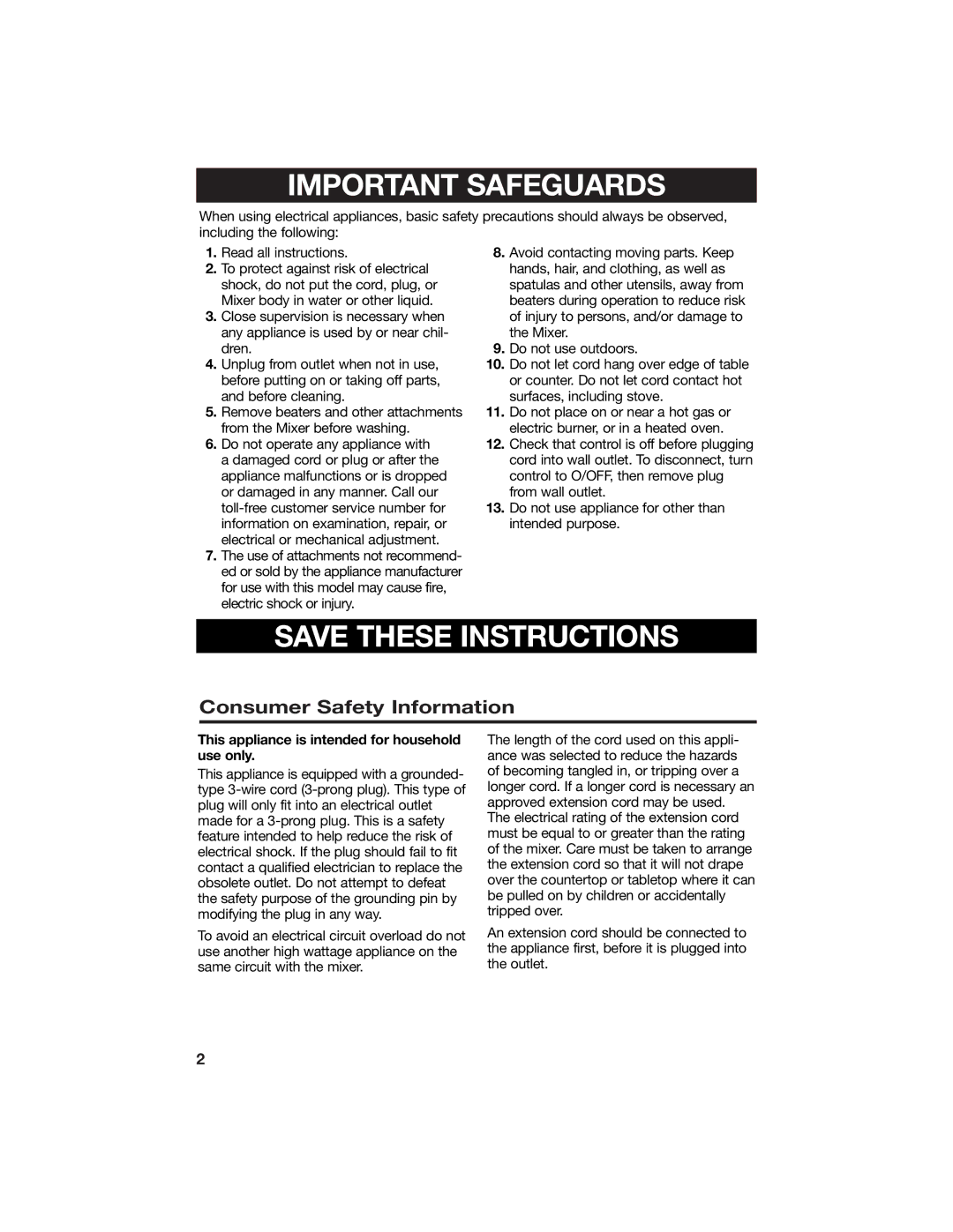 Hamilton Beach 840125800 manual Important Safeguards, Consumer Safety Information 