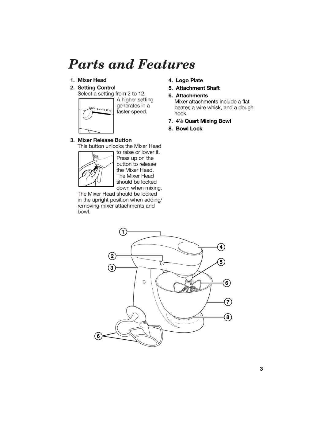 Hamilton Beach 840125800 manual Parts and Features, Mixer Head Setting Control, Mixer Release Button 