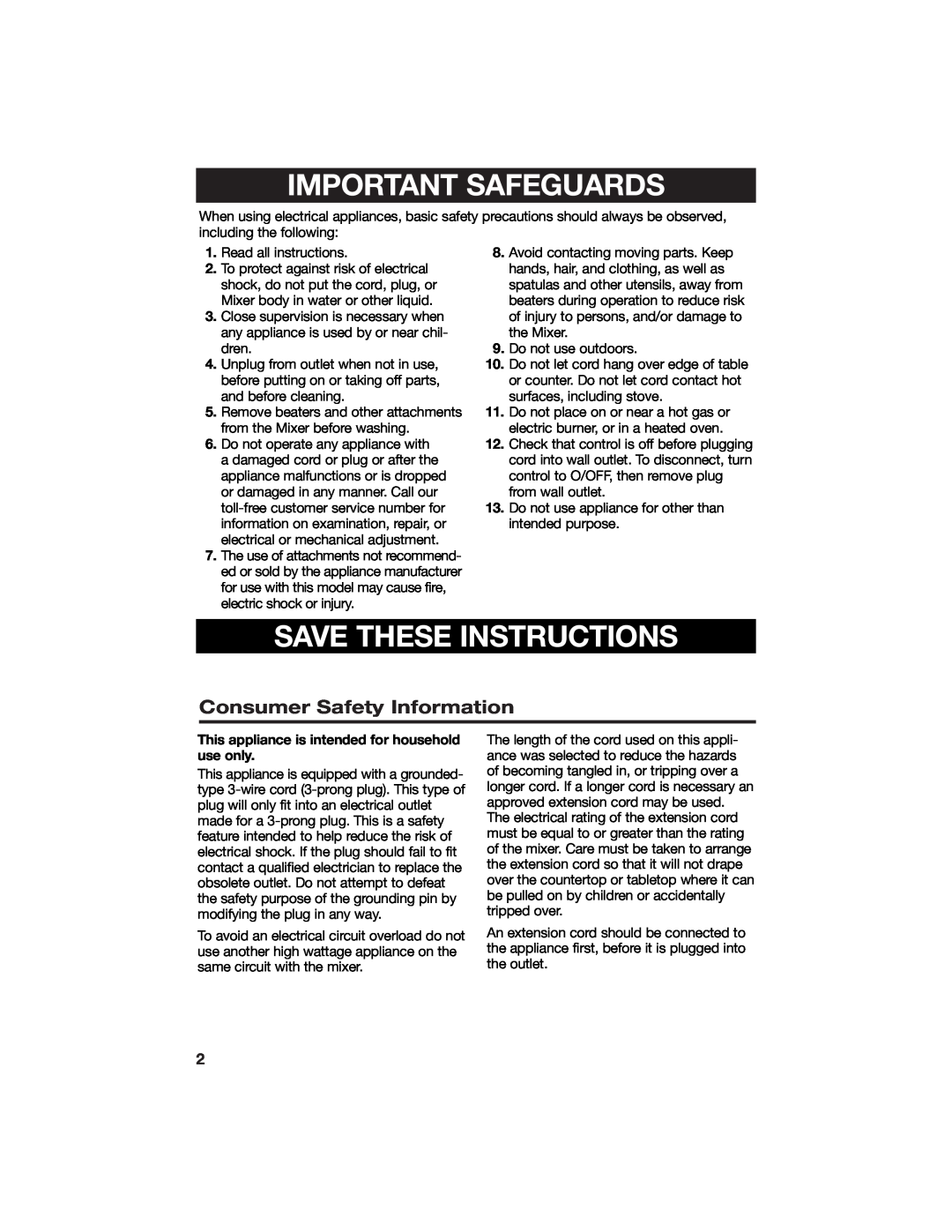 Hamilton Beach 840125800 manual Consumer Safety Information, Important Safeguards, Save These Instructions 
