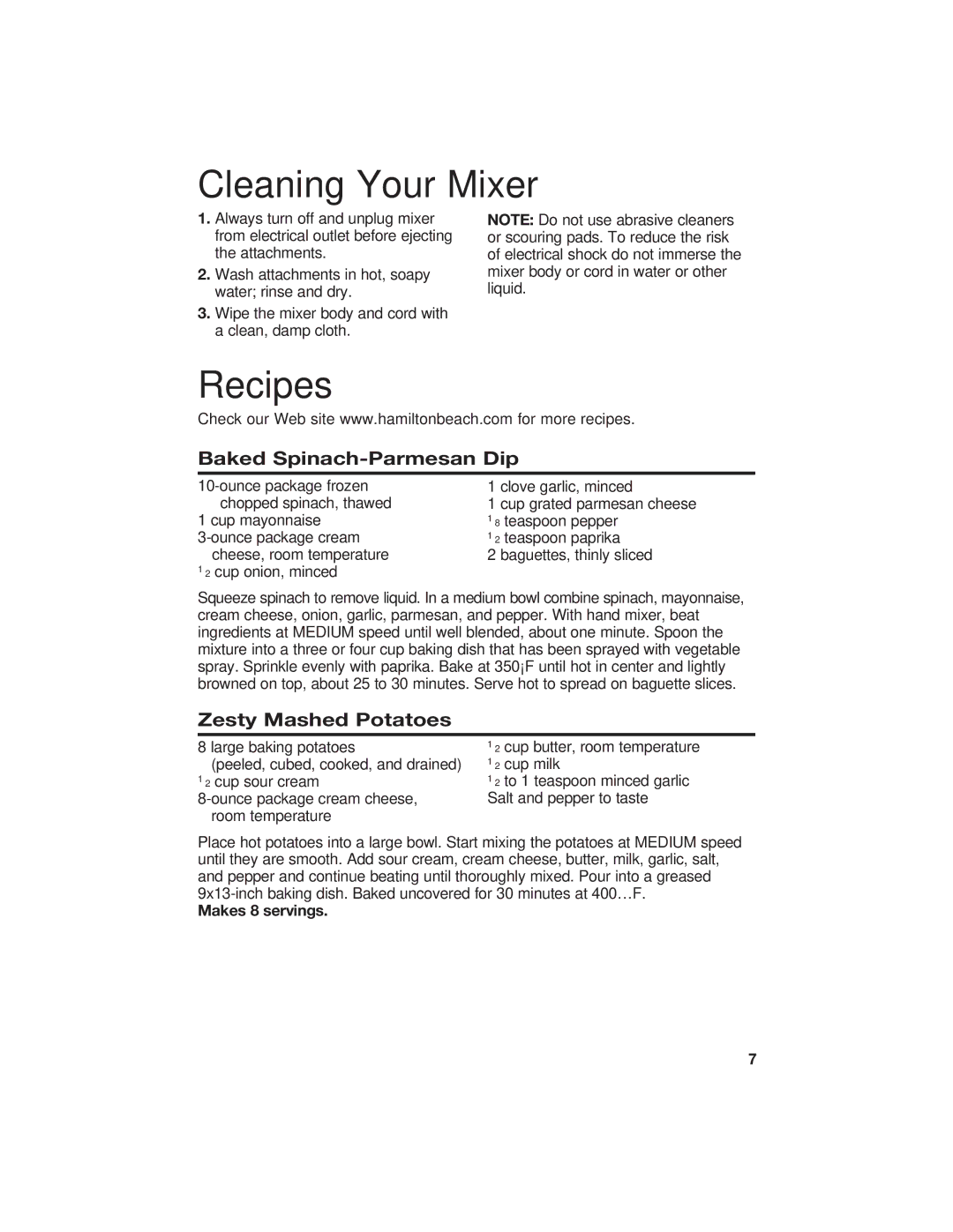 Hamilton Beach 840126200 manual Cleaning Your Mixer, Recipes, Baked Spinach-Parmesan Dip, Zesty Mashed Potatoes 