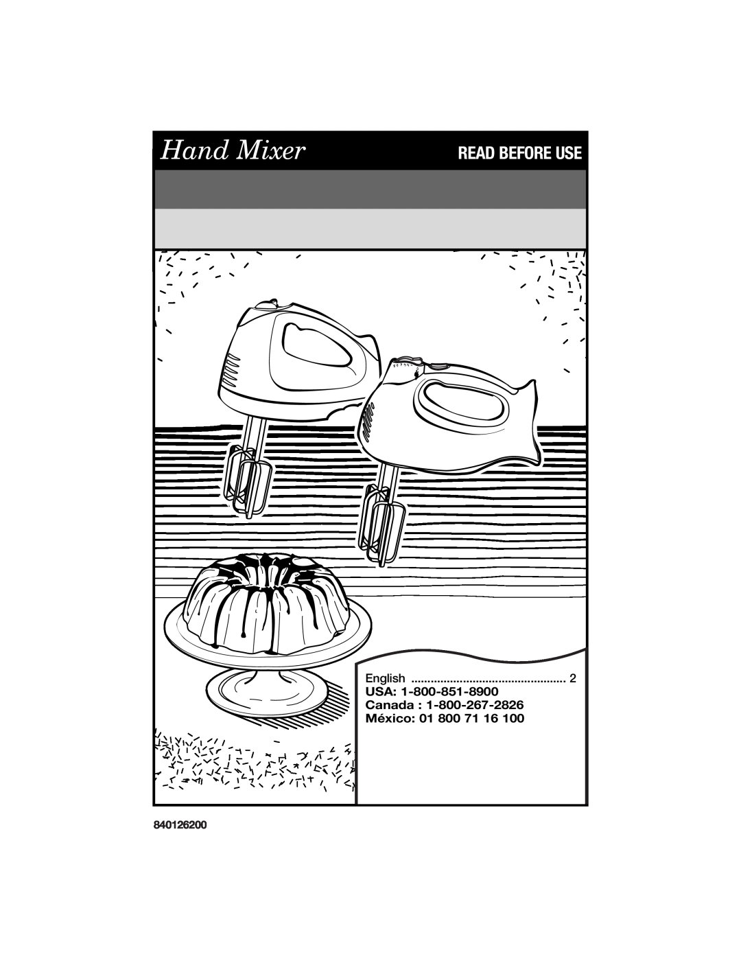 Hamilton Beach 840126200 manual English, Usa, Canada, México, Hand Mixer, Read Before Use 