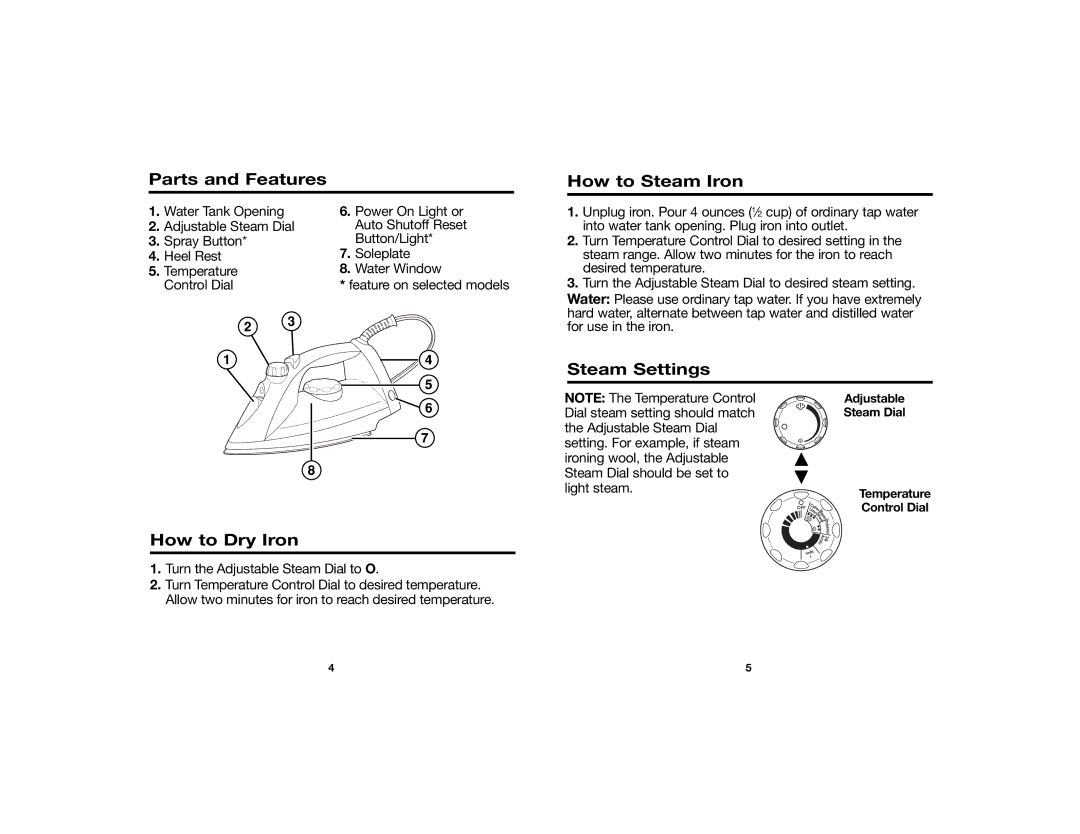 Hamilton Beach 840127400 manual Parts and Features How to Steam Iron, Steam Settings, How to Dry Iron 