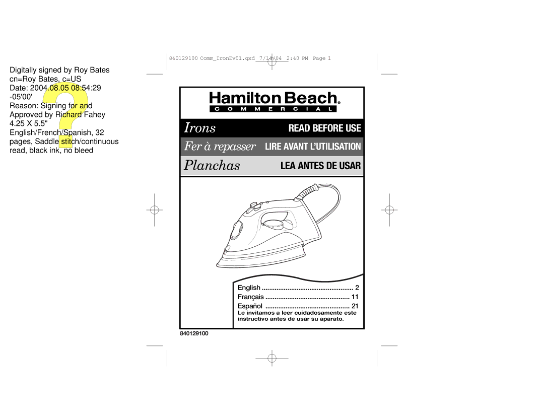 Hamilton Beach 840129100 manual Planchas 