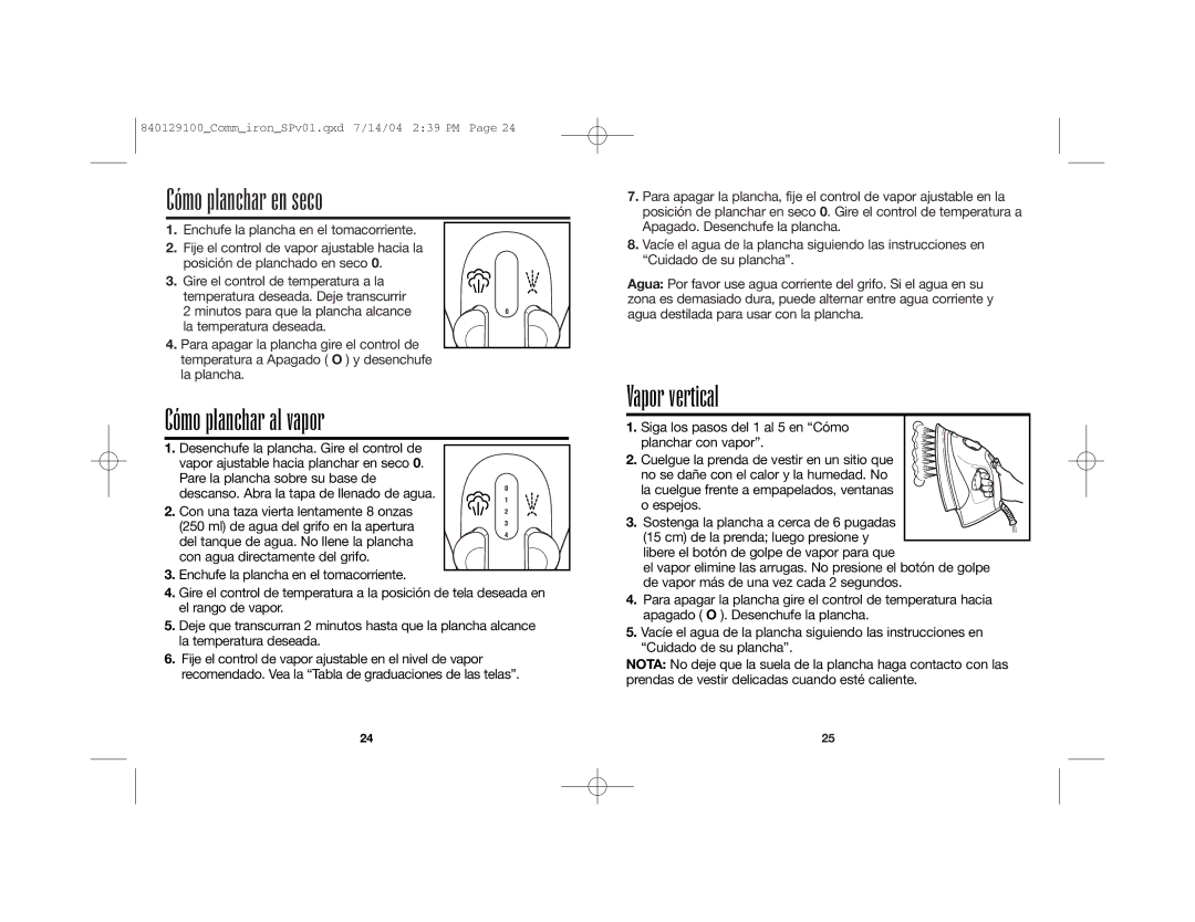 Hamilton Beach 840129100 manual Cómo planchar en seco, Cómo planchar al vapor, Vapor vertical 