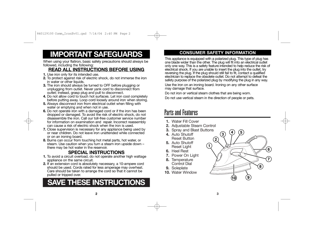 Hamilton Beach 840129100 manual Parts and Features, Important Safeguards, Read ALL Instructions Before Using 