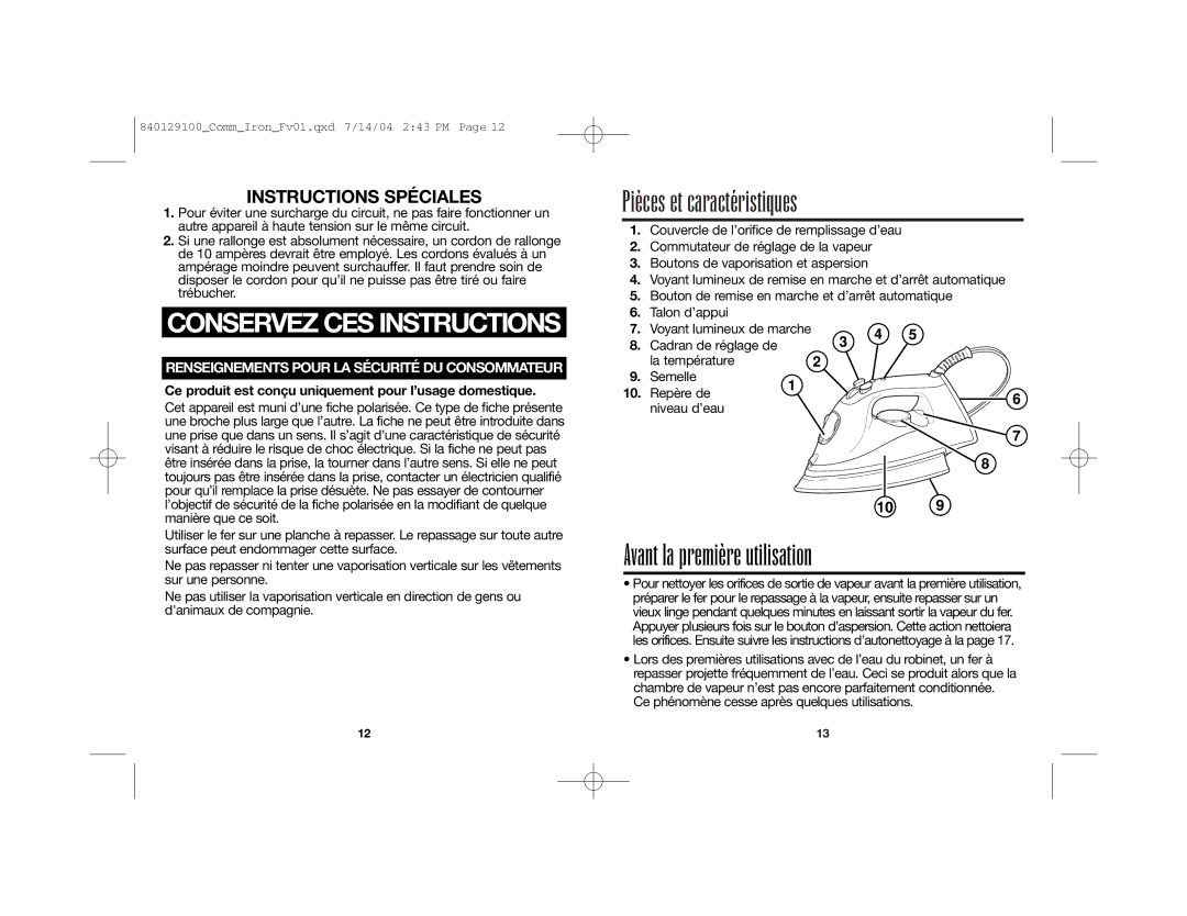 Hamilton Beach 840129100 manual Pièces et caractéristiques, Avant la première utilisation, Instructions Spéciales 