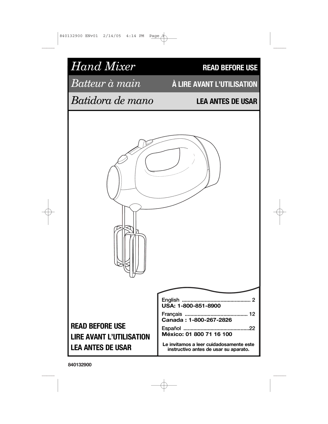 Hamilton Beach 840132900 manual Hand Mixer 