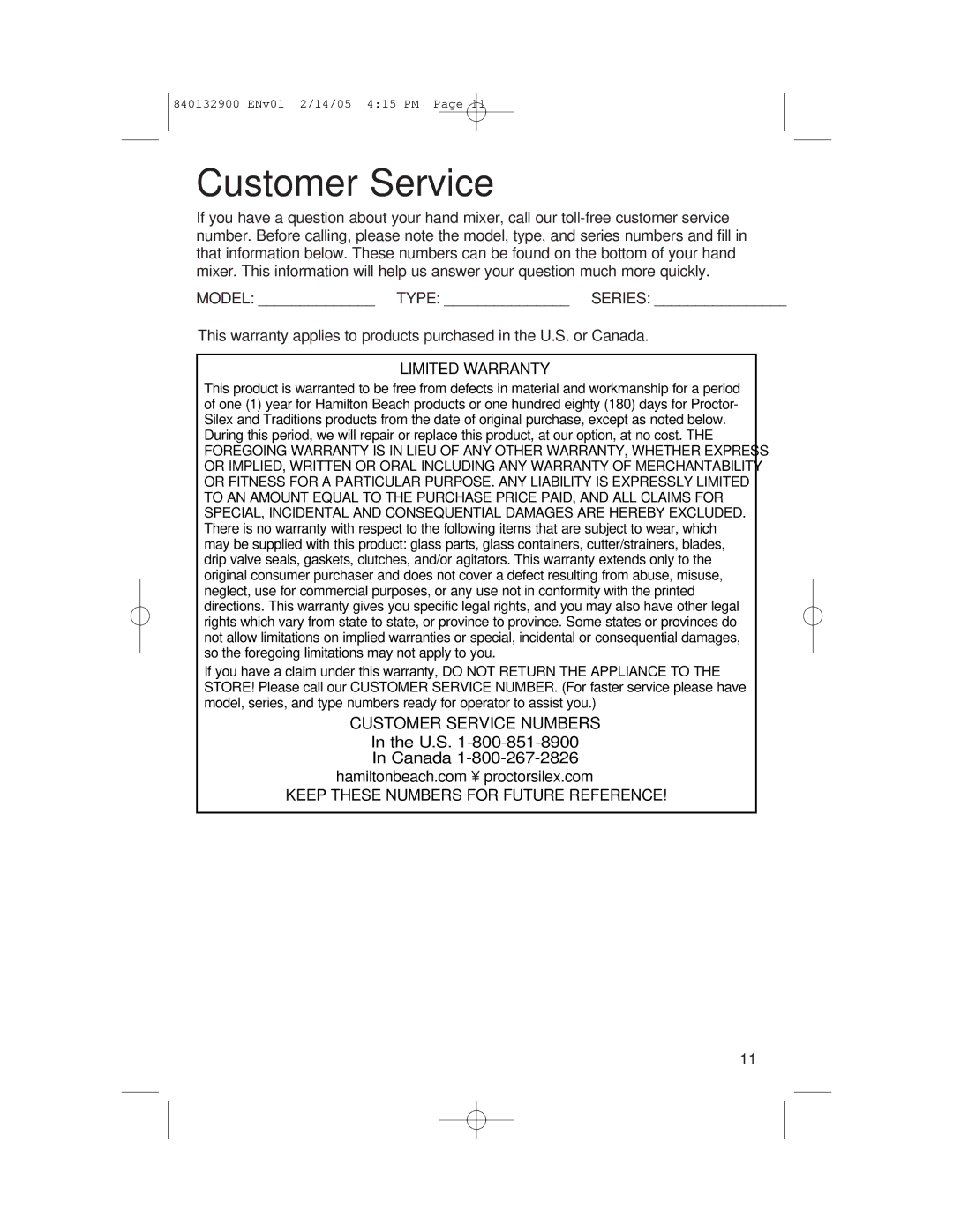 Hamilton Beach 840132900 manual Customer Service, Limited Warranty, Keep These Numbers for Future Reference 