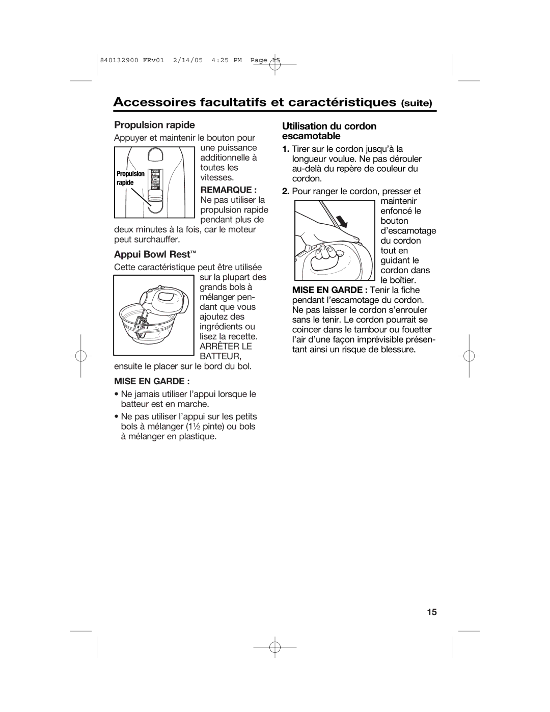 Hamilton Beach 840132900 Propulsion rapide, Appui Bowl Rest, Utilisation du cordon escamotable, Remarque, Mise EN Garde 