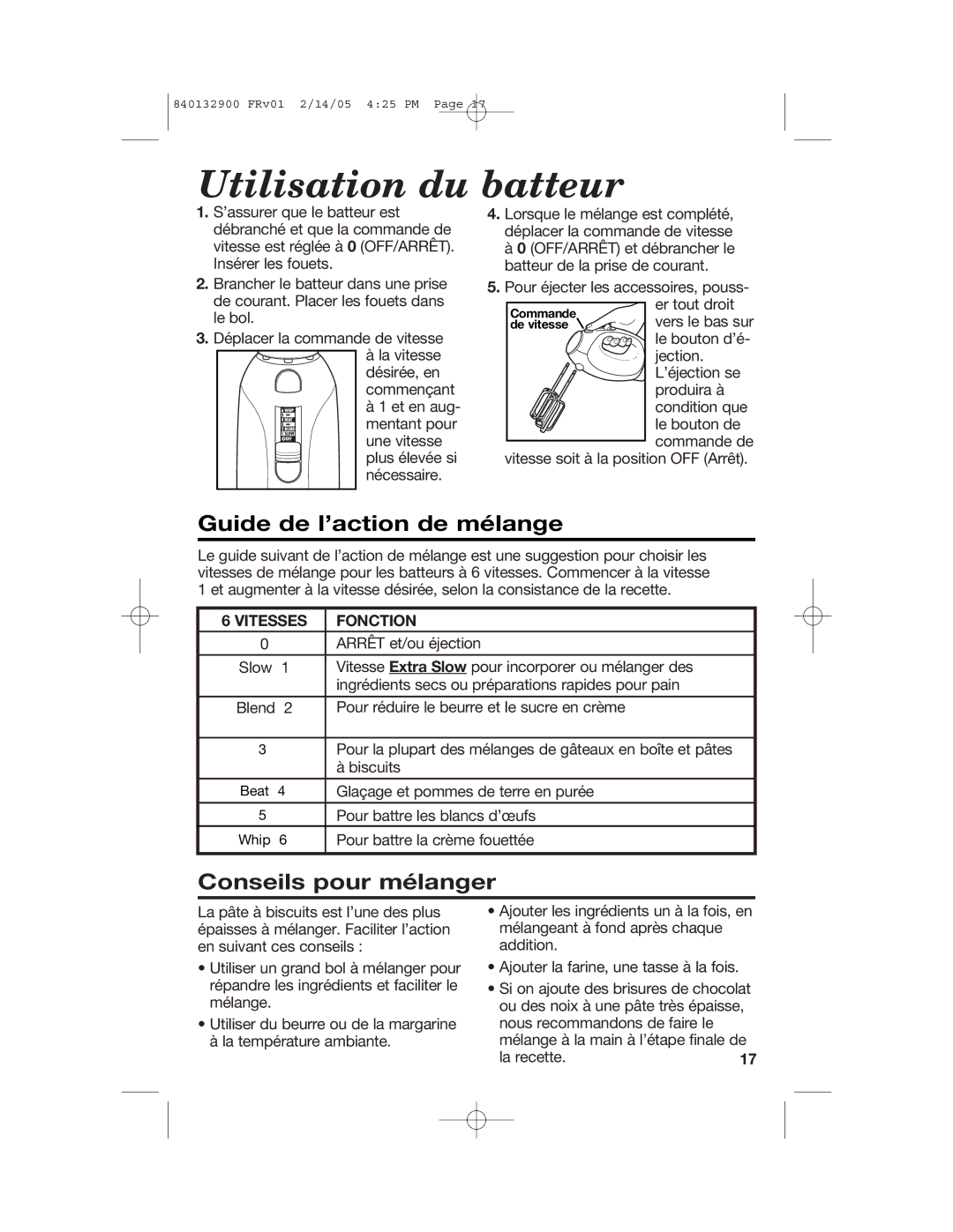 Hamilton Beach 840132900 manual Utilisation du batteur, Guide de l’action de mélange, Conseils pour mélanger, Fonction 