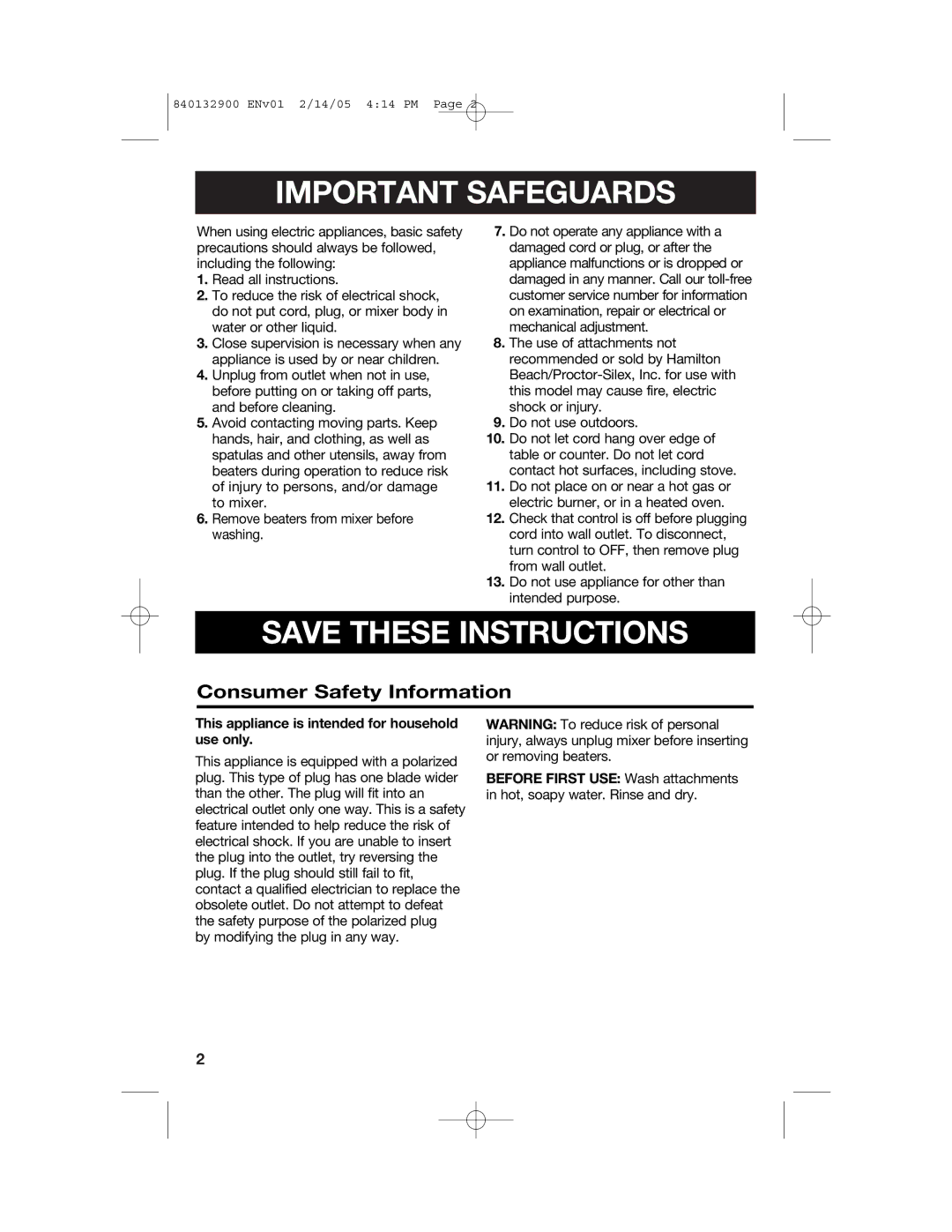 Hamilton Beach 840132900 manual Important Safeguards, Consumer Safety Information 