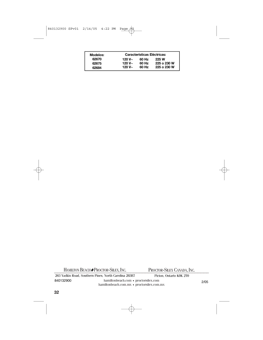 Hamilton Beach 840132900 manual Proctor-Silex, Inc 