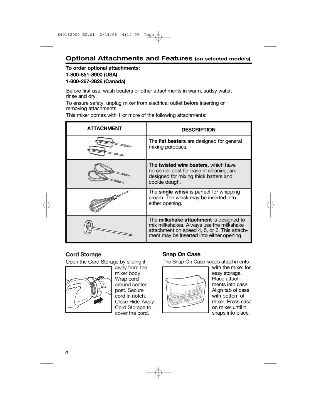 Hamilton Beach 840132900 manual Optional Attachments and Features on selected models, Cord Storage, Snap On Case 