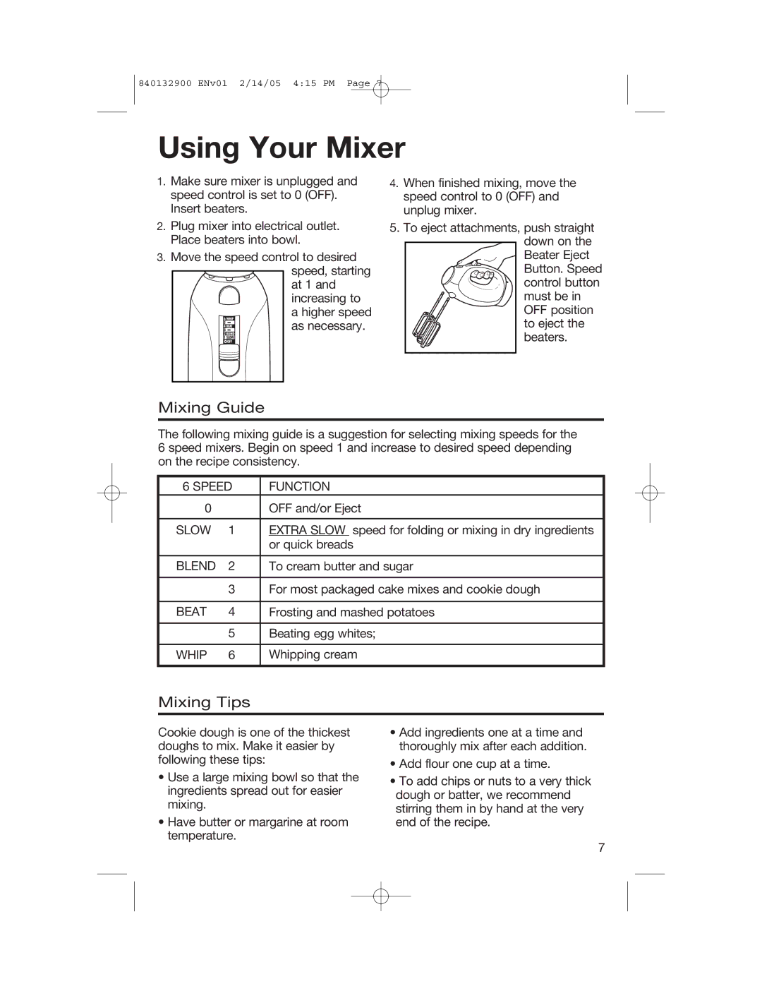 Hamilton Beach 840132900 manual Using Your Mixer, Mixing Guide, Mixing Tips, Speed Function 