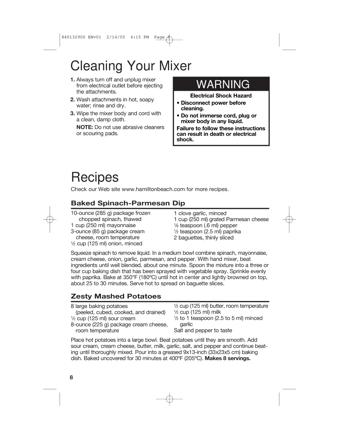 Hamilton Beach 840132900 manual Cleaning Your Mixer, Recipes, Baked Spinach-Parmesan Dip, Zesty Mashed Potatoes 