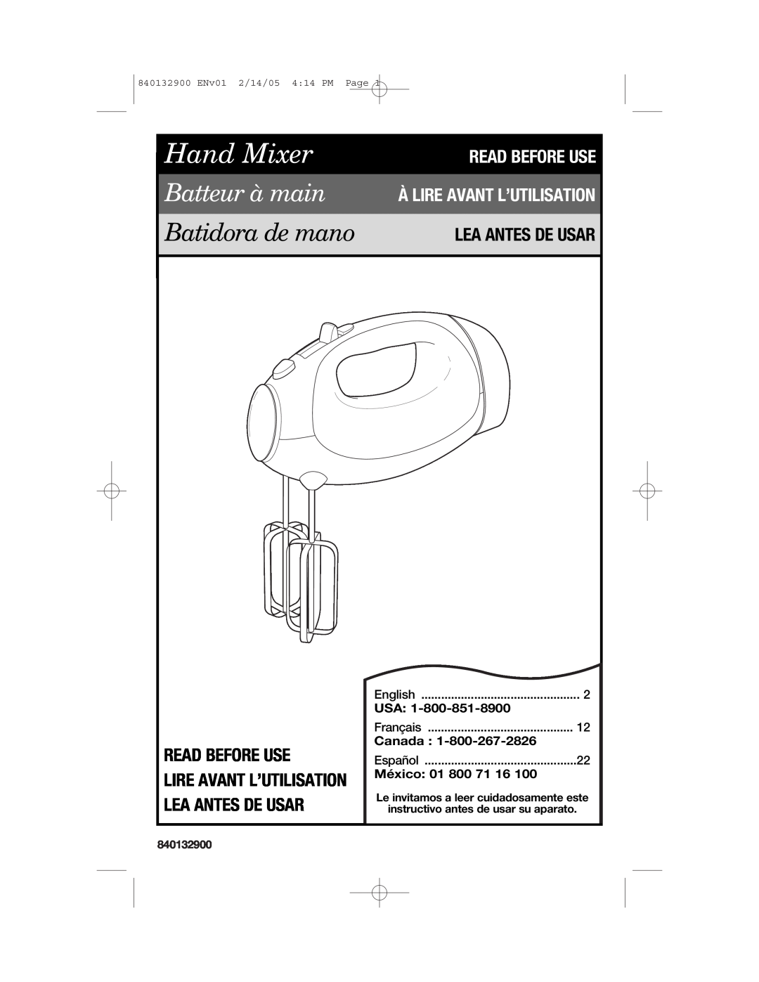 Hamilton Beach 840132900 manual Read Before Use, Lire Avant L’Utilisation Lea Antes De Usar, Hand Mixer, Batteur à main 