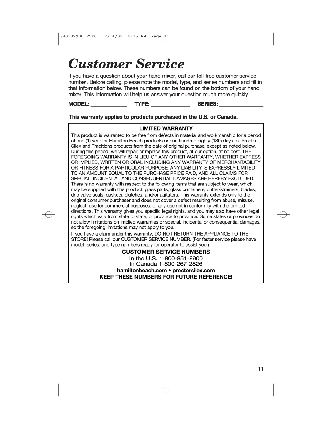 Hamilton Beach 840132900 manual Customer Service Numbers 