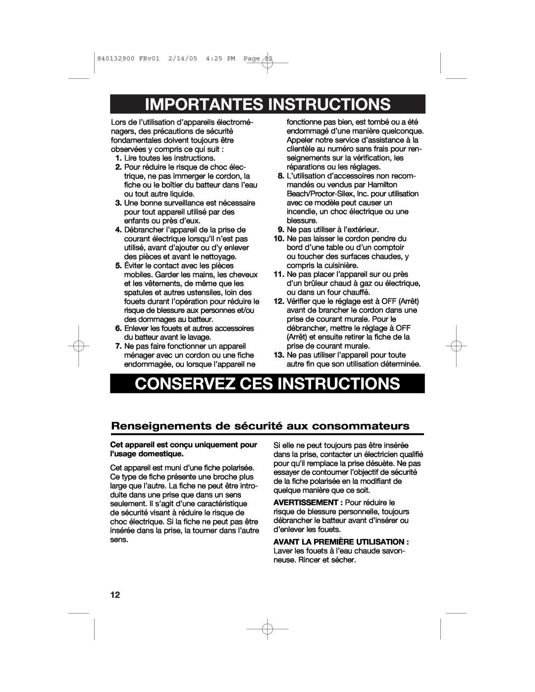 Hamilton Beach 840132900 manual Importantes Instructions, Conservez Ces Instructions 