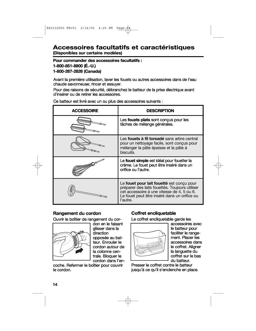 Hamilton Beach 840132900 manual Accessoires facultatifs et caractéristiques, Rangement du cordon, Coffret encliquetable 