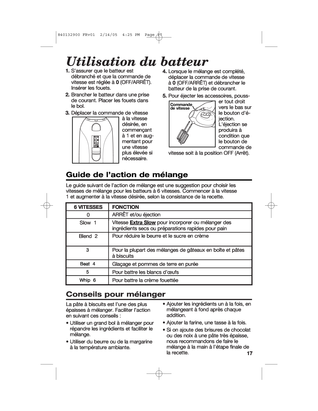 Hamilton Beach 840132900 manual Utilisation du batteur, Guide de l’action de mélange, Conseils pour mélanger 