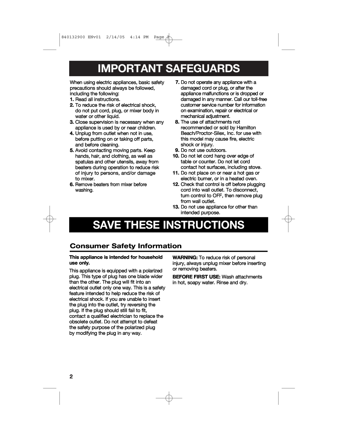 Hamilton Beach 840132900 manual Important Safeguards, Save These Instructions, Consumer Safety Information 