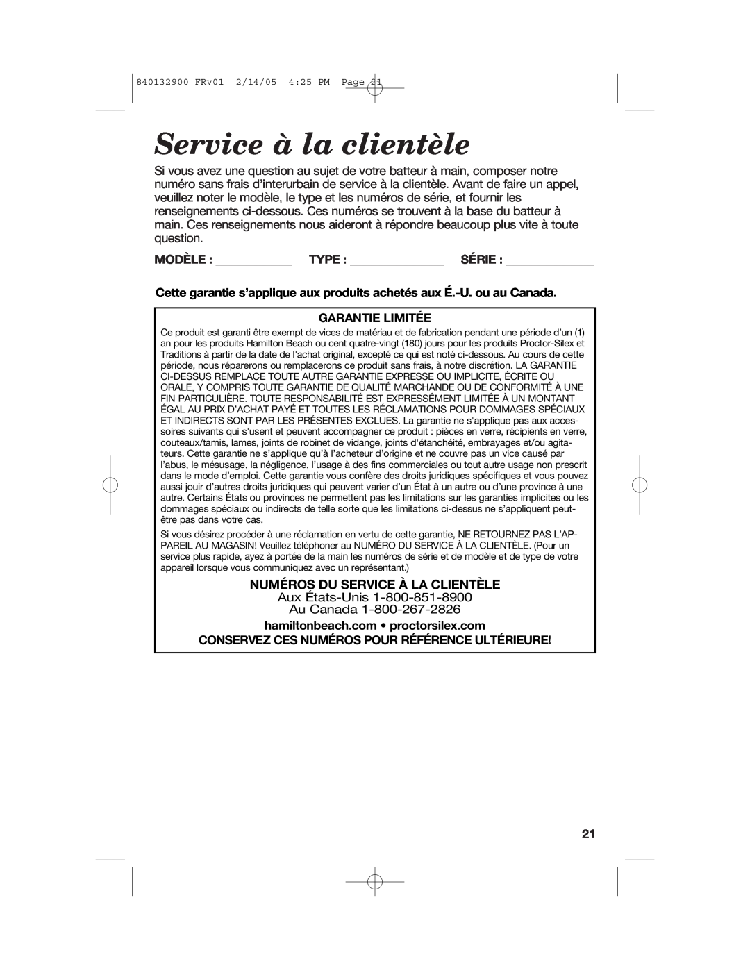Hamilton Beach 840132900 manual Service à la clientèle, Numéros Du Service À La Clientèle 