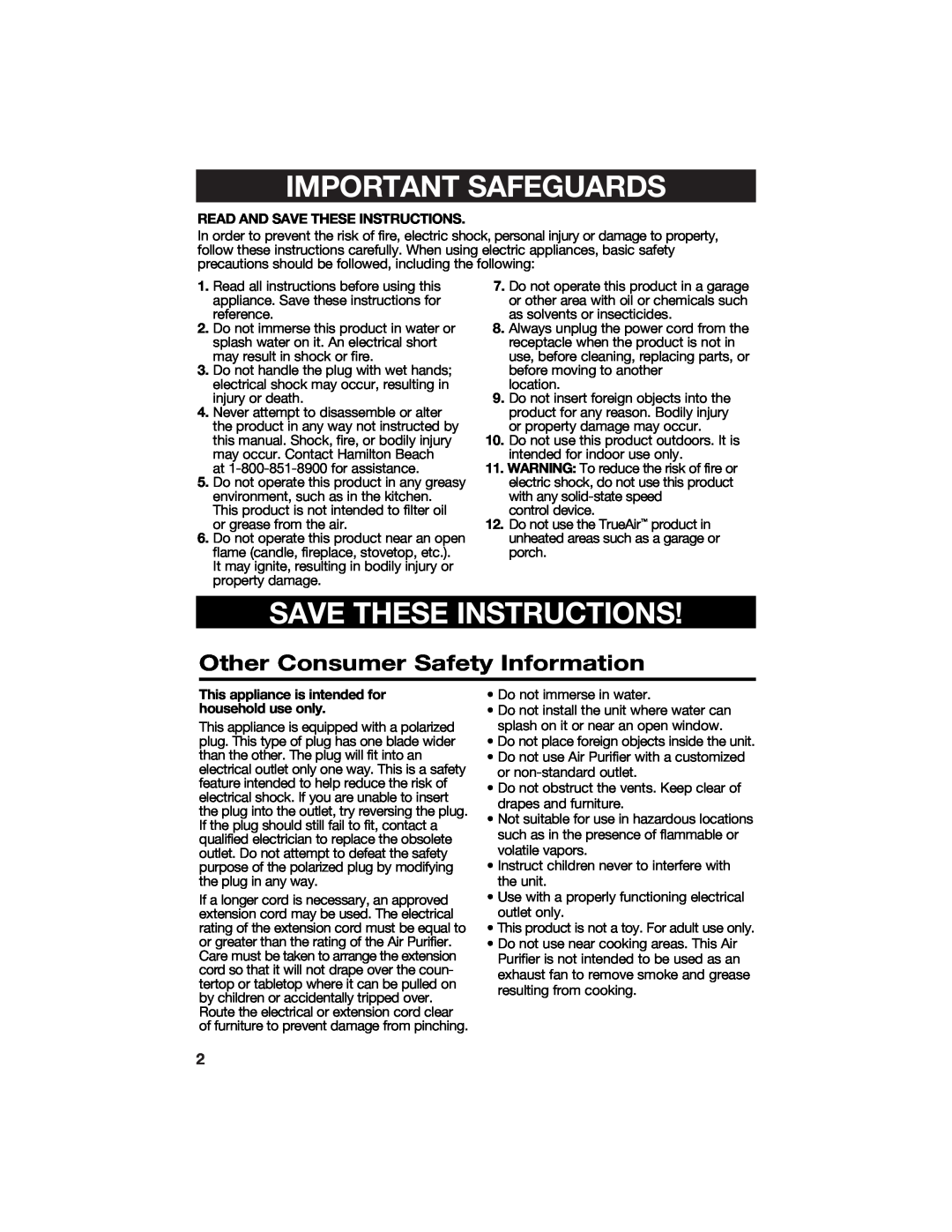 Hamilton Beach 840133100 manual Other Consumer Safety Information, Important Safeguards, Save These Instructions 