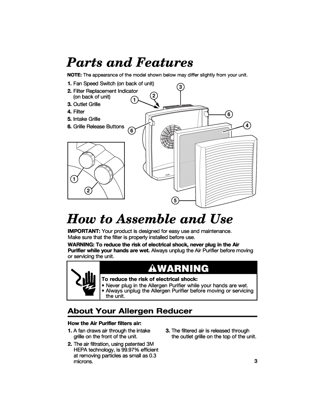 Hamilton Beach 840133100 manual Parts and Features, How to Assemble and Use, wWARNING, About Your Allergen Reducer 