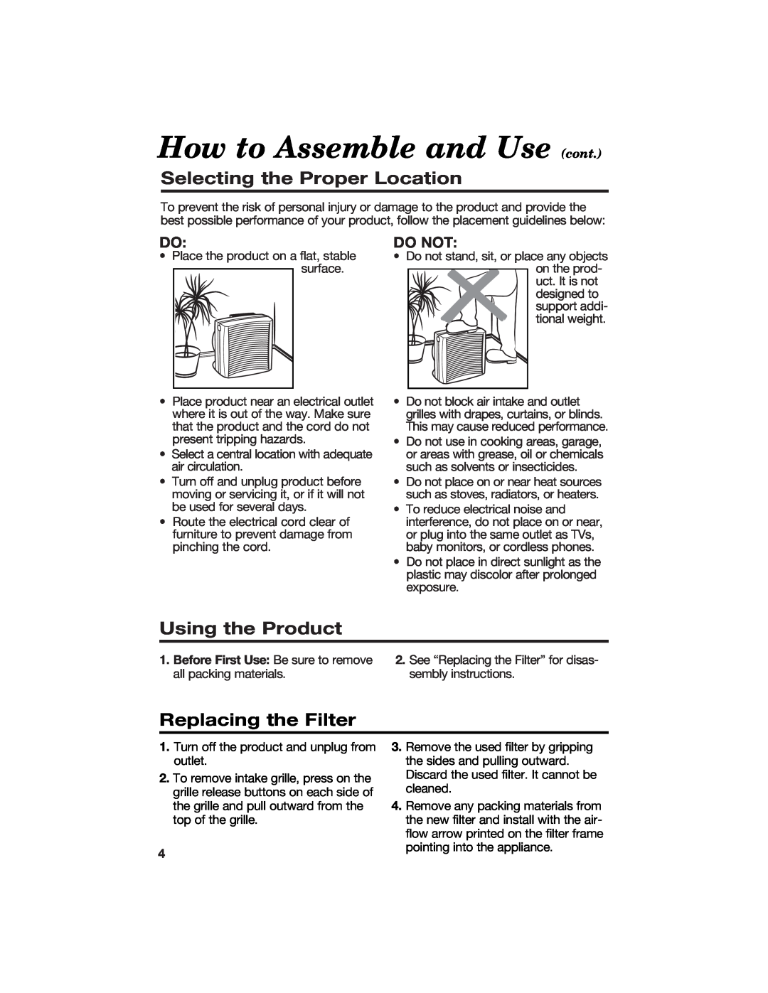 Hamilton Beach 840133100 manual How to Assemble and Use cont, Selecting the Proper Location, Using the Product, Do Not 