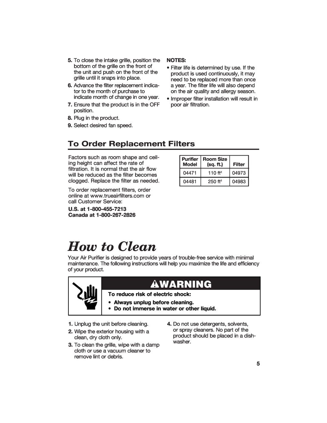 Hamilton Beach 840133100 How to Clean, To Order Replacement Filters, U.S. at Canada at, To reduce risk of electric shock 